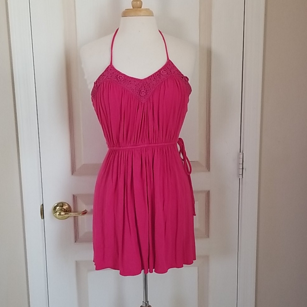 Sky Raspberry Crochet Halter Dress